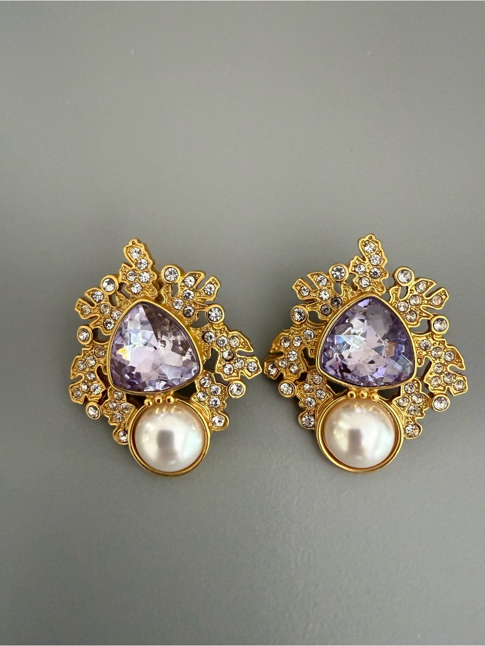 Monet signed golden & purple with pearl stud earrings